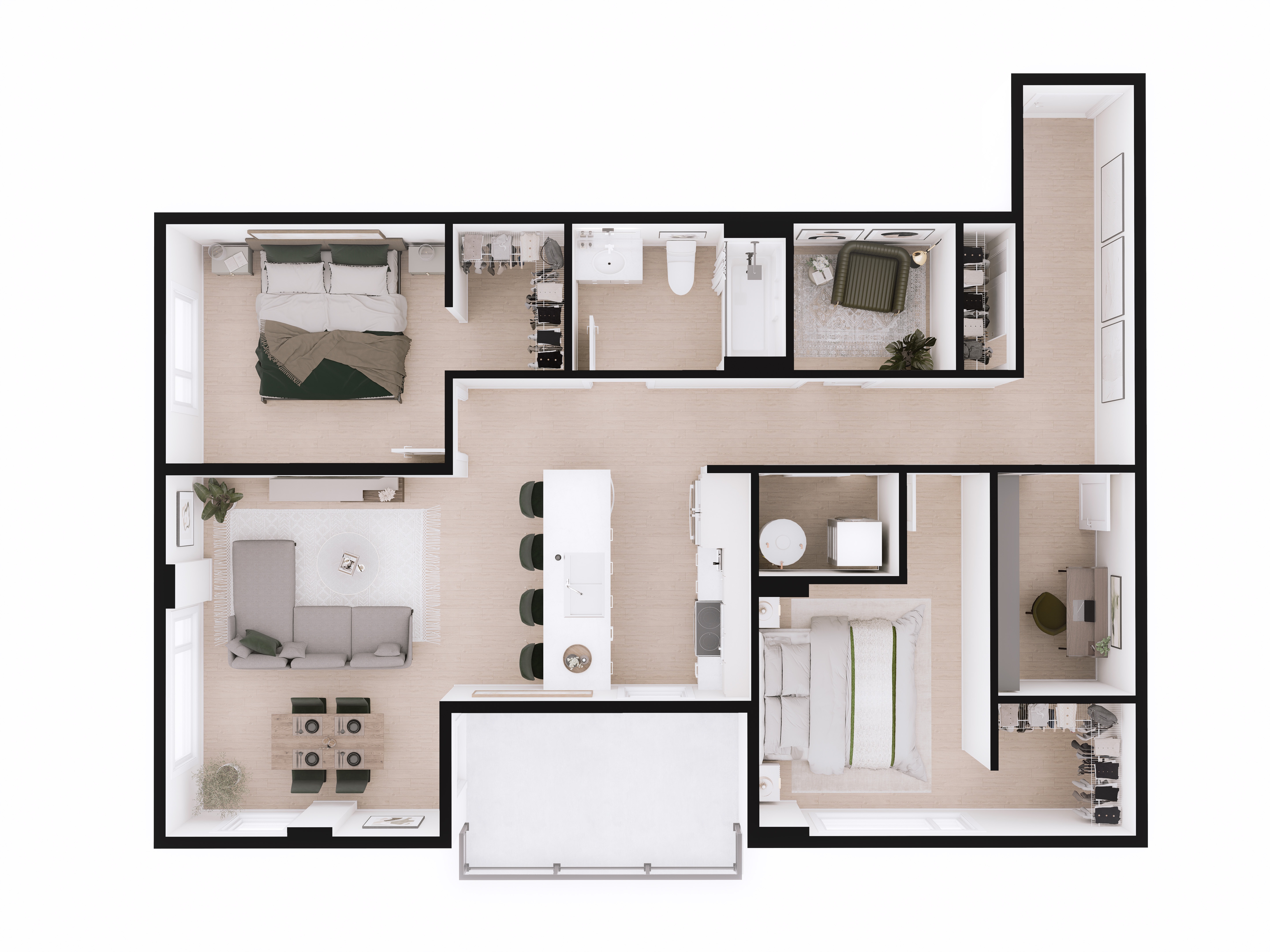 Floor plan for 2 beds, 1 bath, 985 sqft